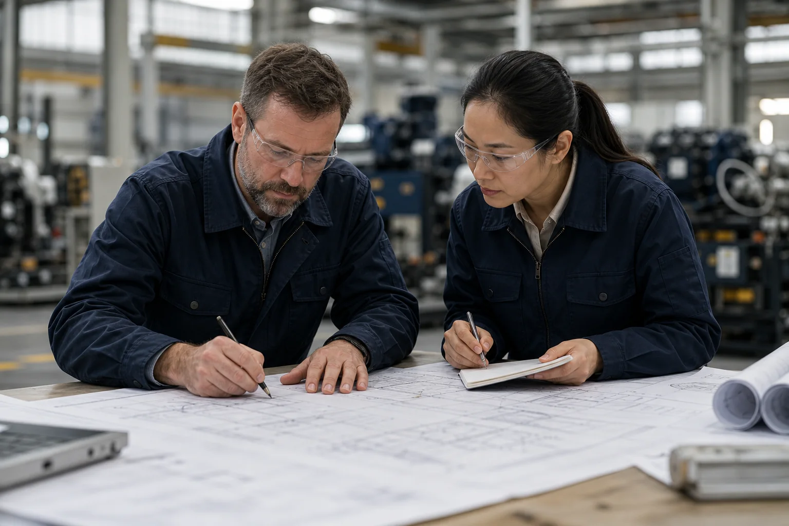 Engineers reviewing a technical drawing at a factory planning table