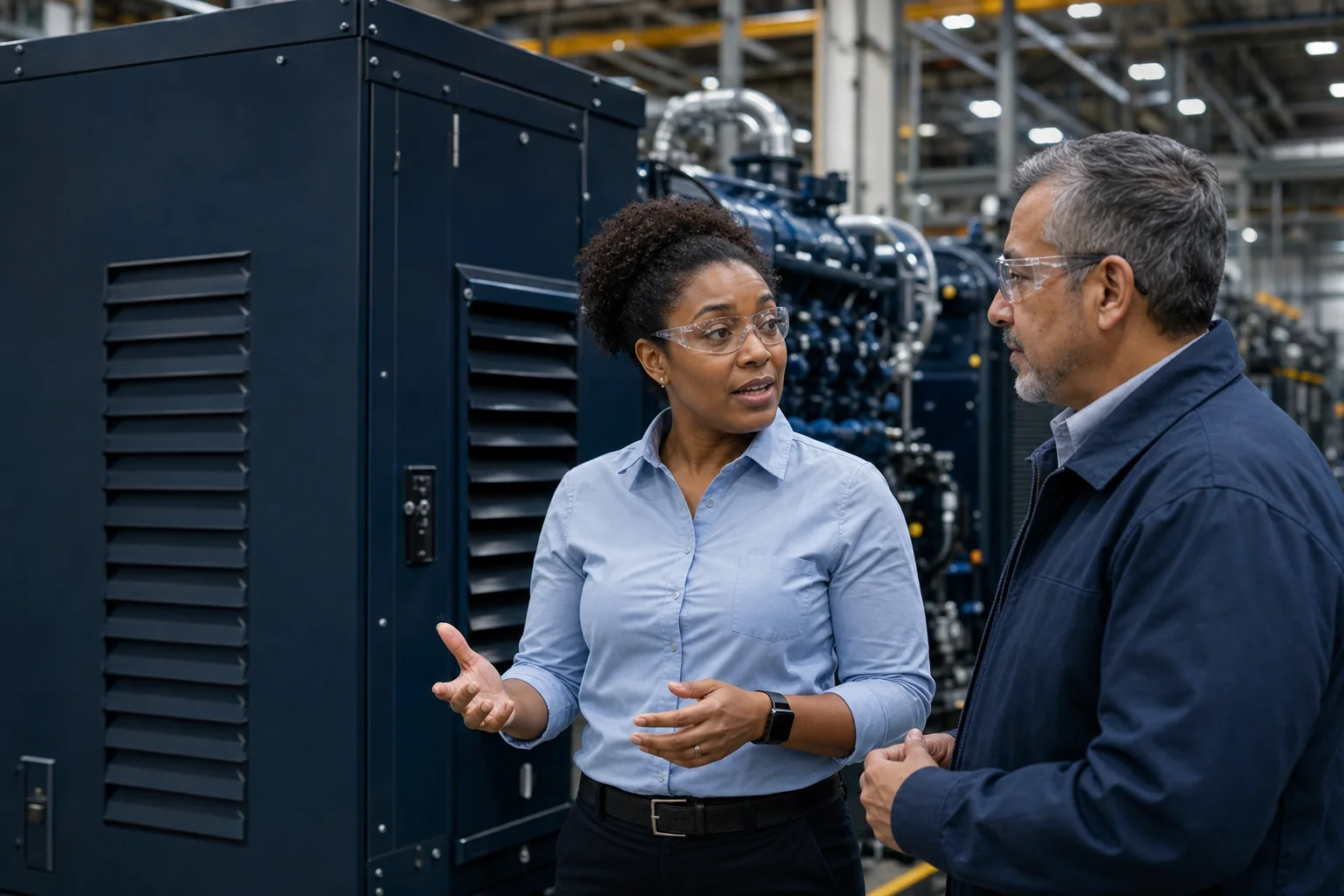 Project engineer and market partner discussing a configured power system