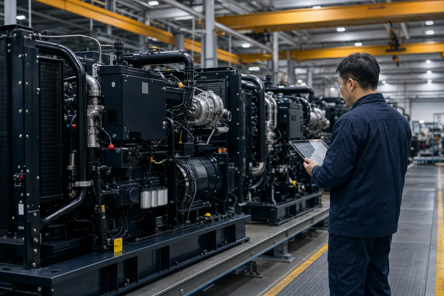 Technician inspecting a production line of open industrial generator sets