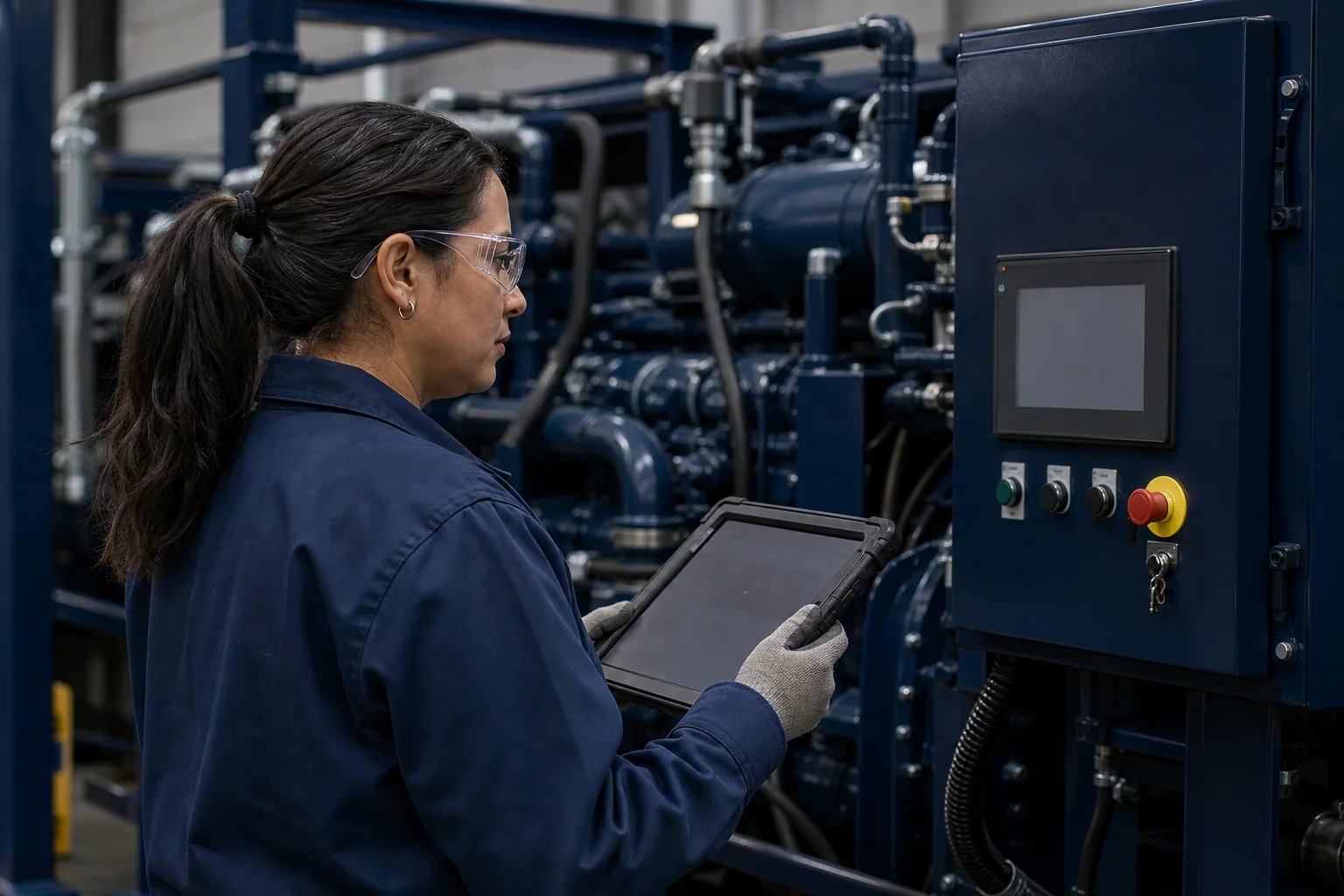 Technician checking a power-system control panel with a tablet