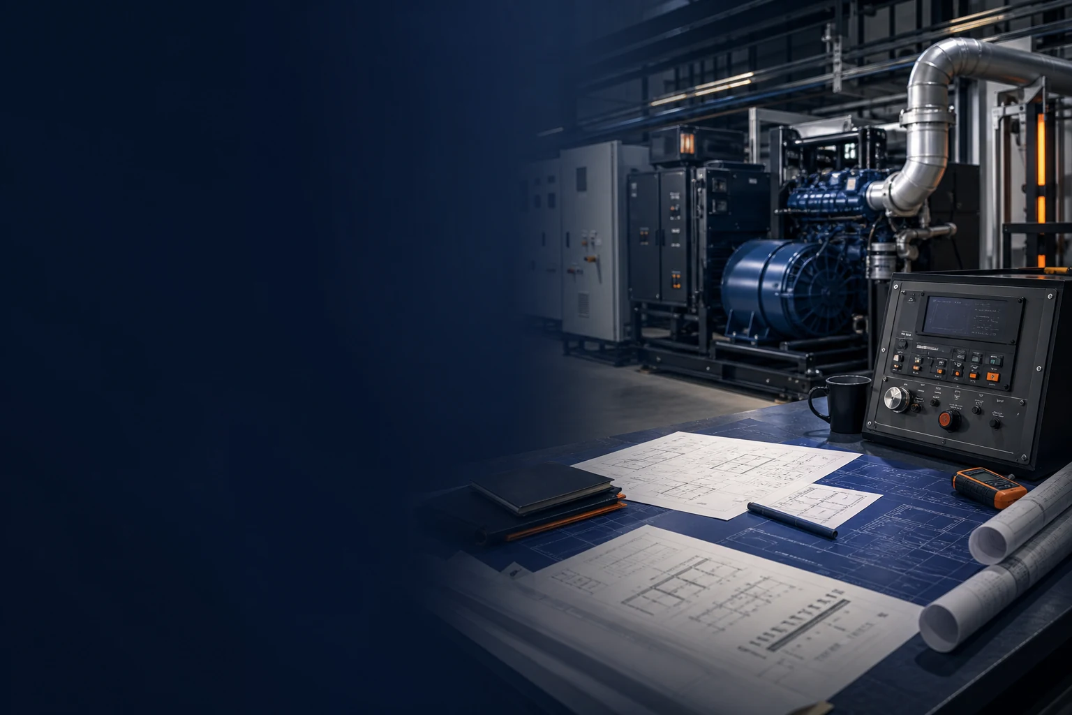Large open generator set installed in an industrial power room