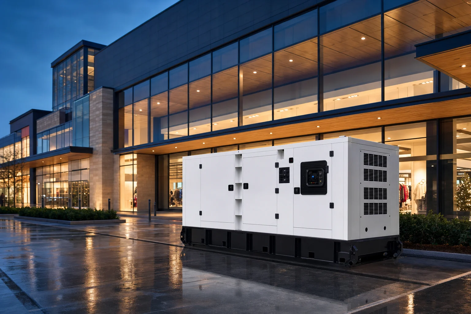 Silent diesel generator outside a modern retail building