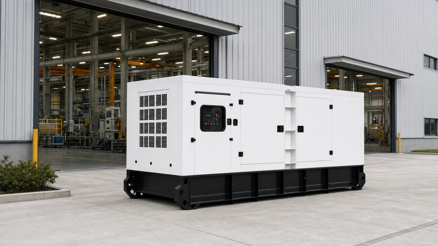Industrial diesel generator beside a factory workshop