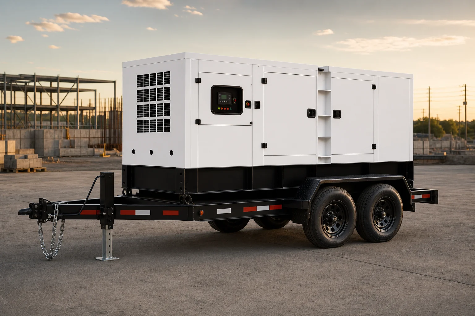 Trailer-mounted diesel generator with wheels, tow bar and support leg