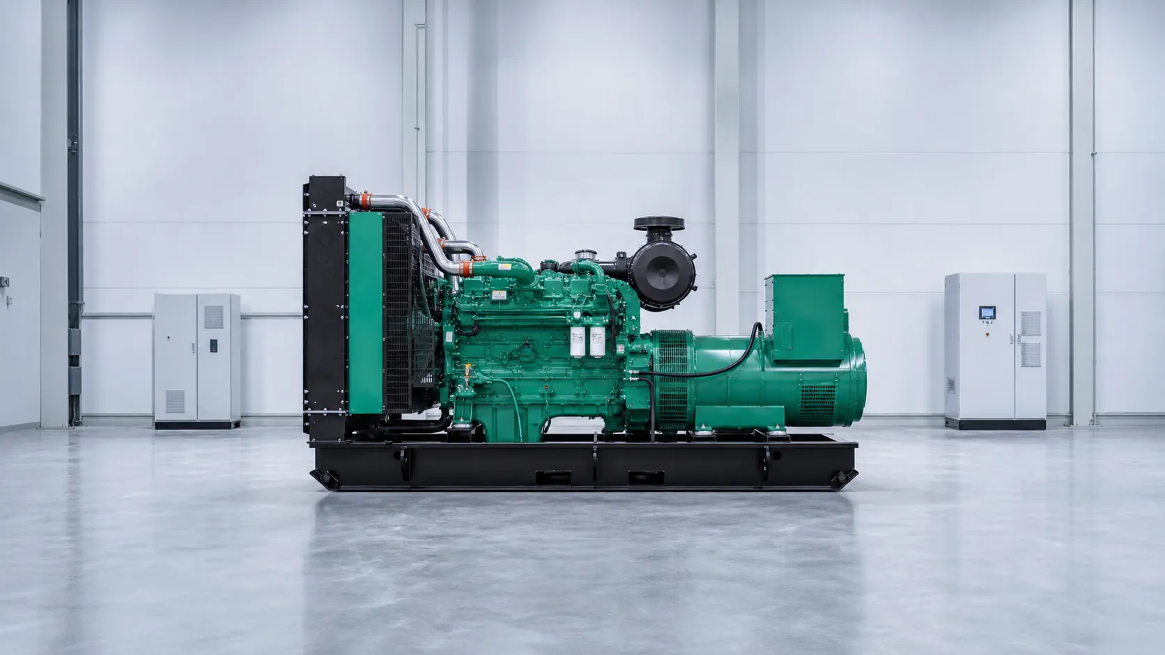 Generator set connected to test equipment in a controlled test room