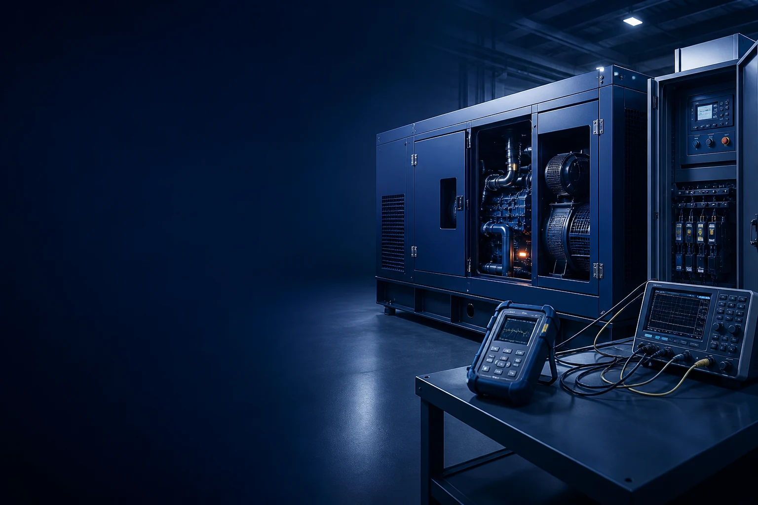 Technician inspecting a generator set in a clean production facility