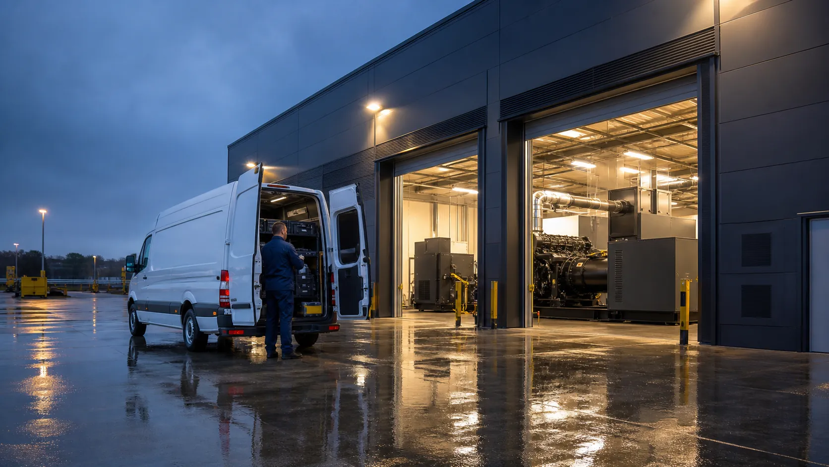 Service technician preparing a support vehicle outside a generator service centre