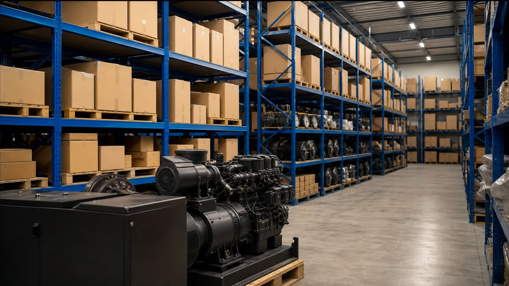 Generator spare-parts warehouse with blue shelving, boxed stock and mechanical components