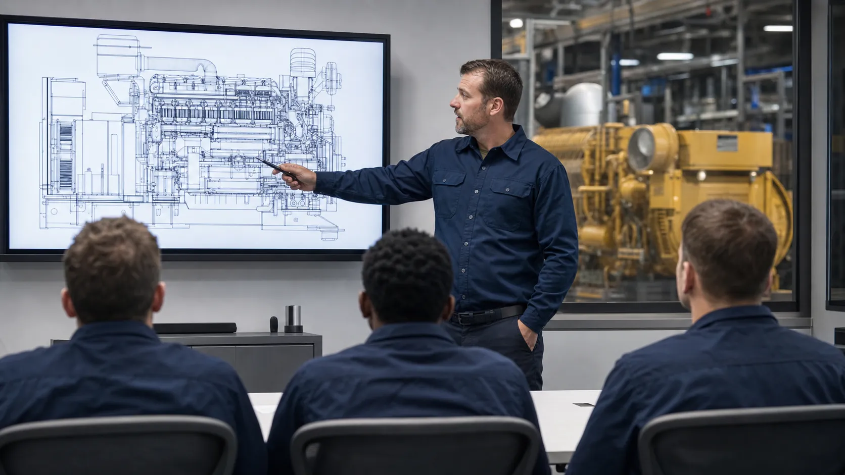 Engineer presenting a generator drawing to trainees in an industrial workshop