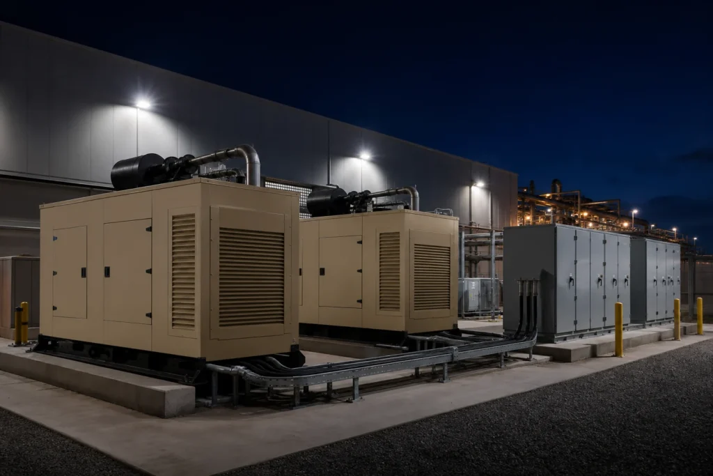 Industrial generator packages and switchgear operating at night