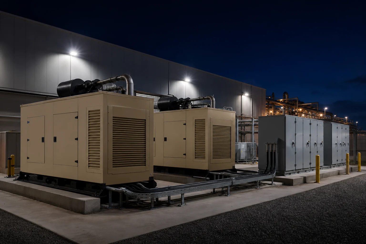 Industrial generator packages and switchgear operating at night
