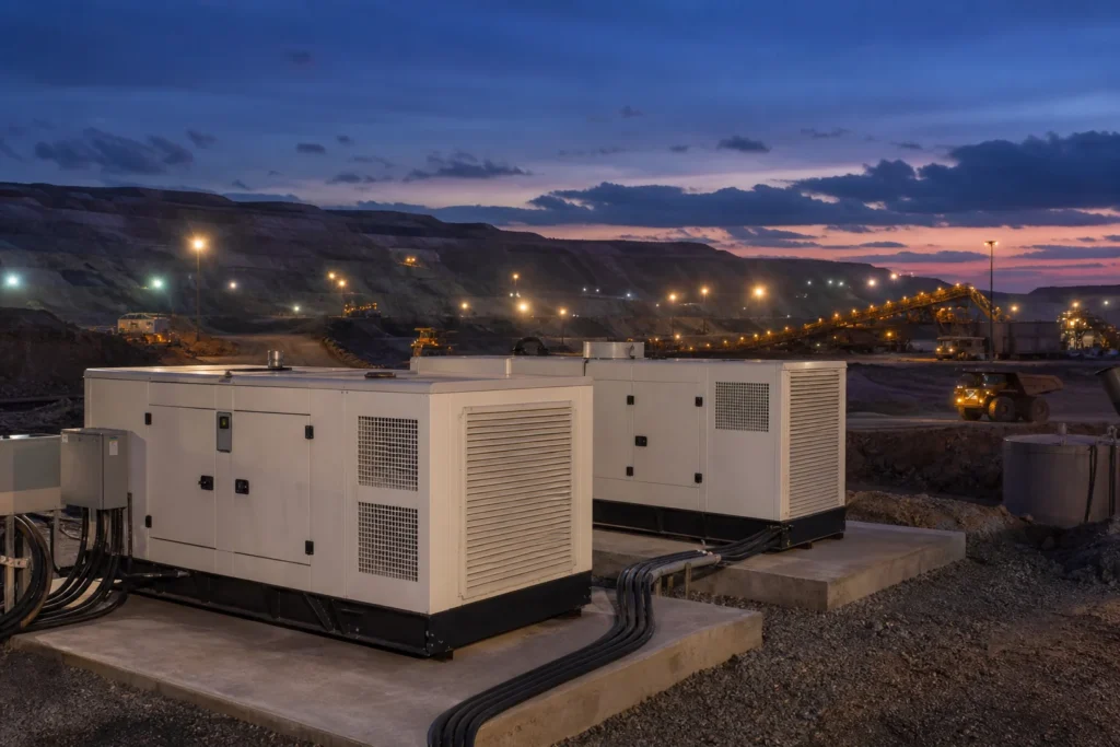 Enclosed generator sets supporting an open-pit mining operation at dusk
