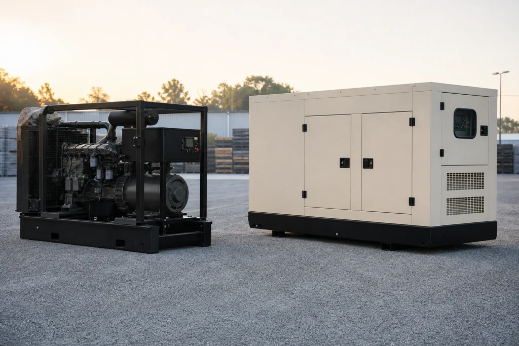 Open-frame and enclosed generator sets positioned side by side