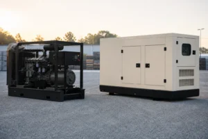 Open-frame and enclosed generator sets positioned side by side