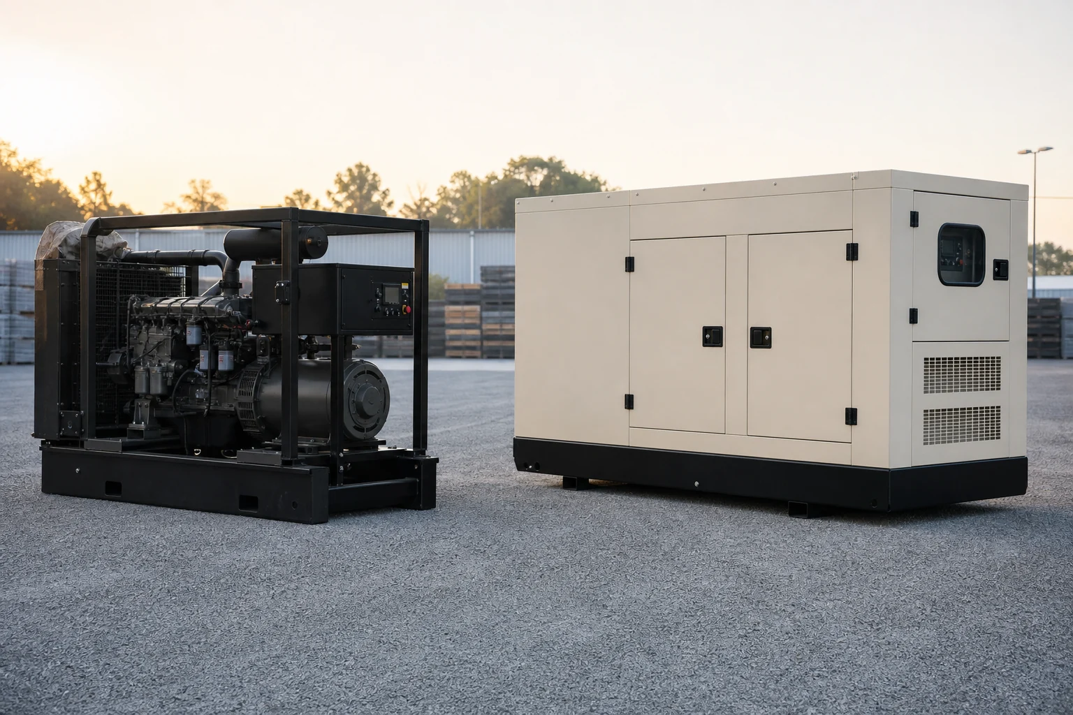 Open-frame and enclosed generator sets positioned side by side