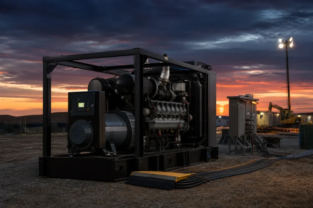 Open generator set providing temporary power at a remote worksite