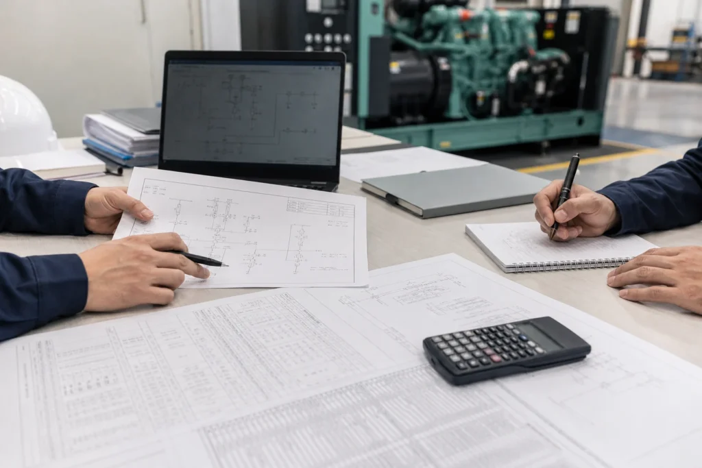 Engineers reviewing generator load schedules and project drawings