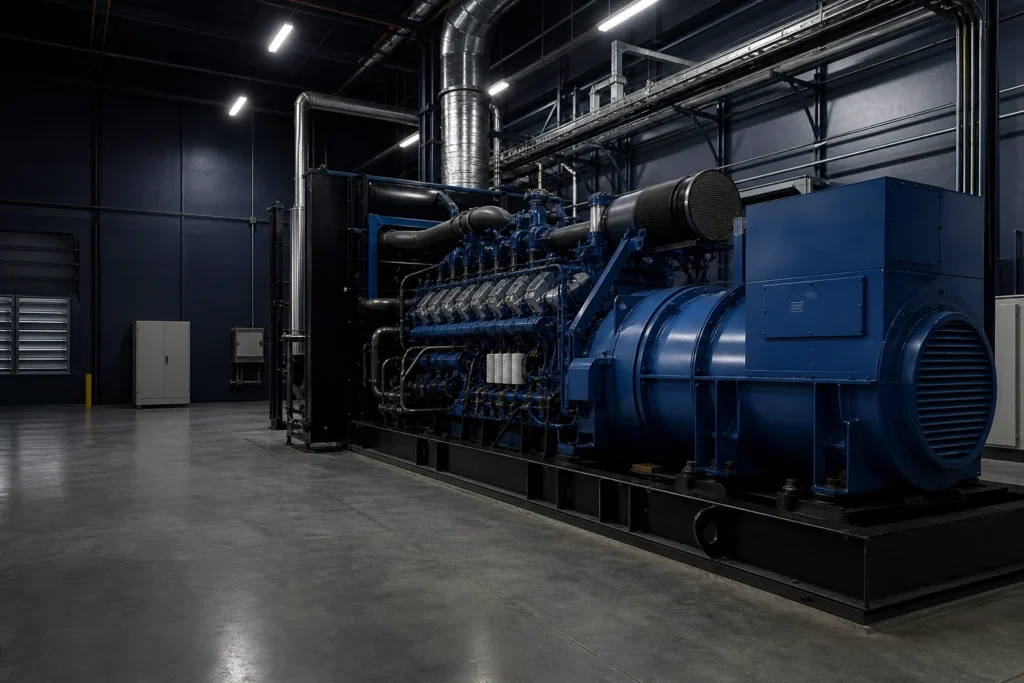 Large open generator set installed in an industrial power room
