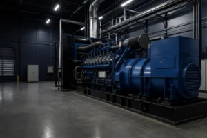 Large open generator set installed in an industrial power room