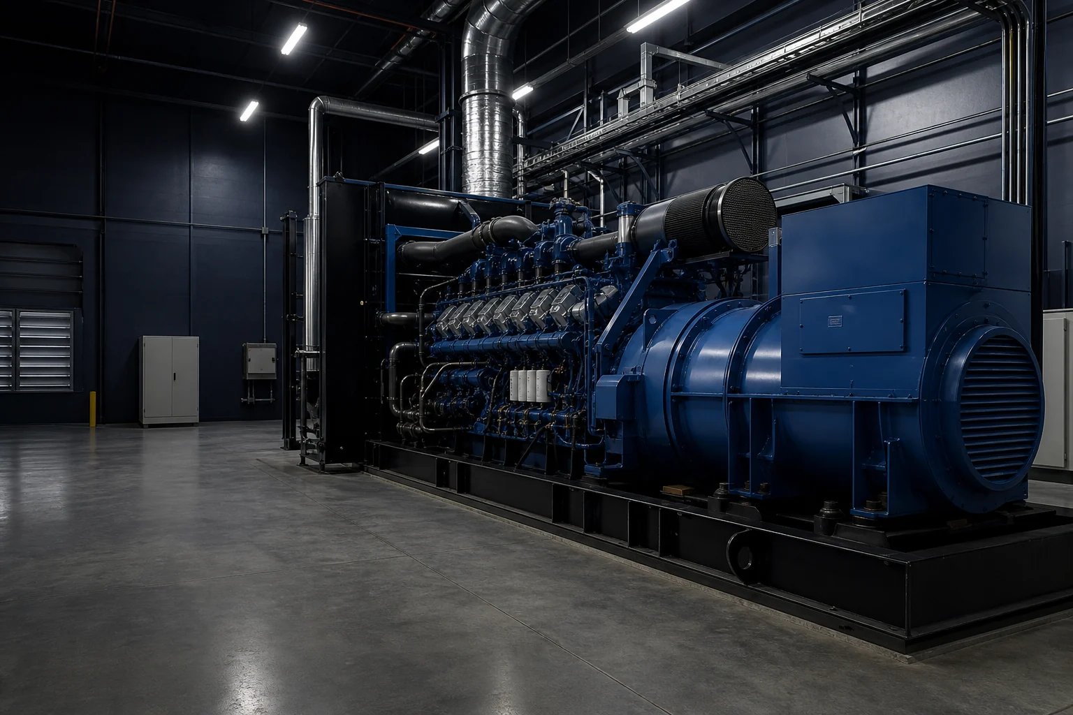 Large open generator set installed in an industrial power room