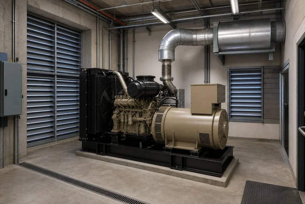 Open generator set installed in a ventilated industrial plant room