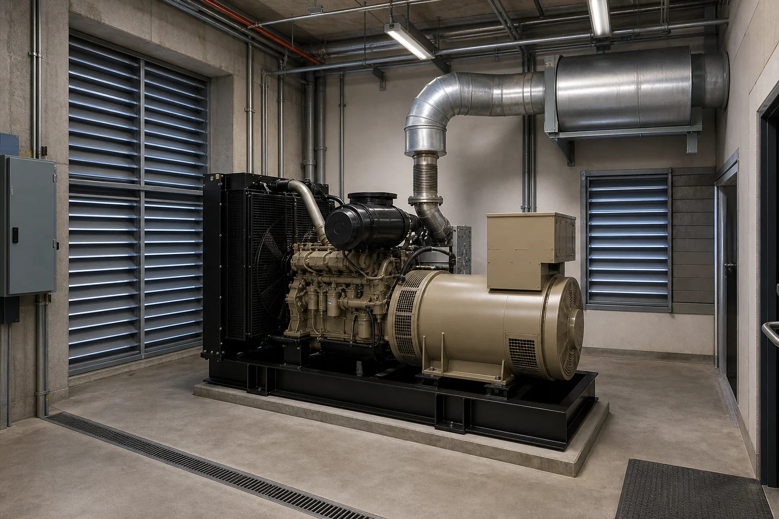Open generator set installed in a ventilated industrial plant room