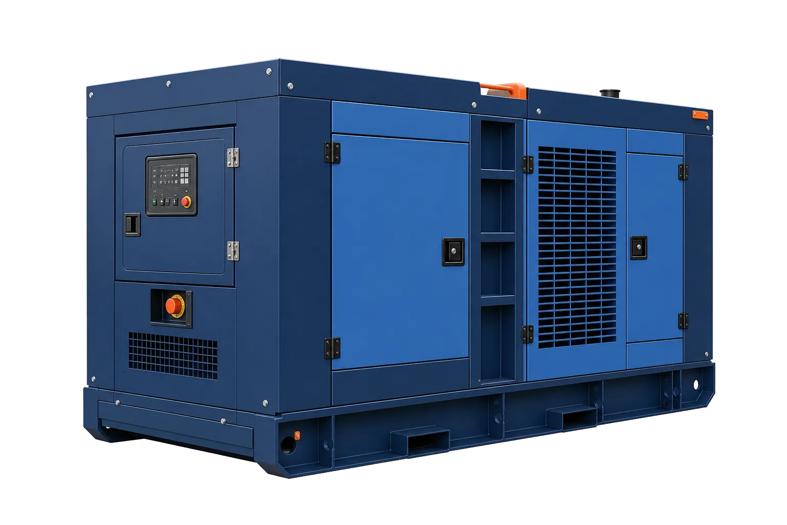 Deep-blue industrial diesel generator set showing the enclosure and radiator end