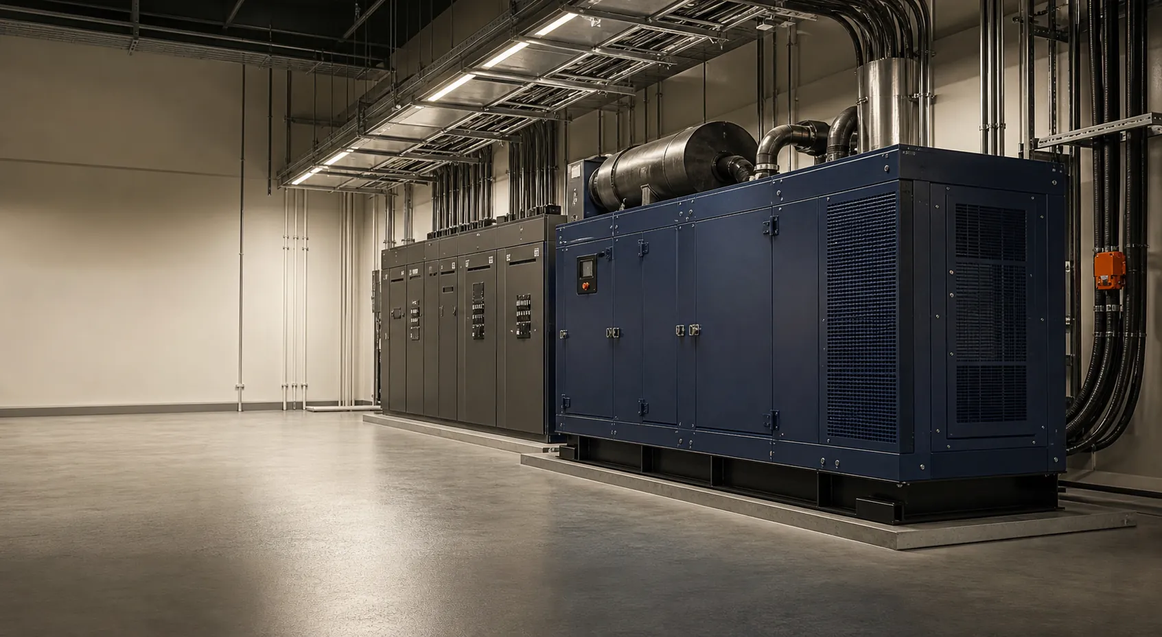 Open diesel generator set in a factory warehouse