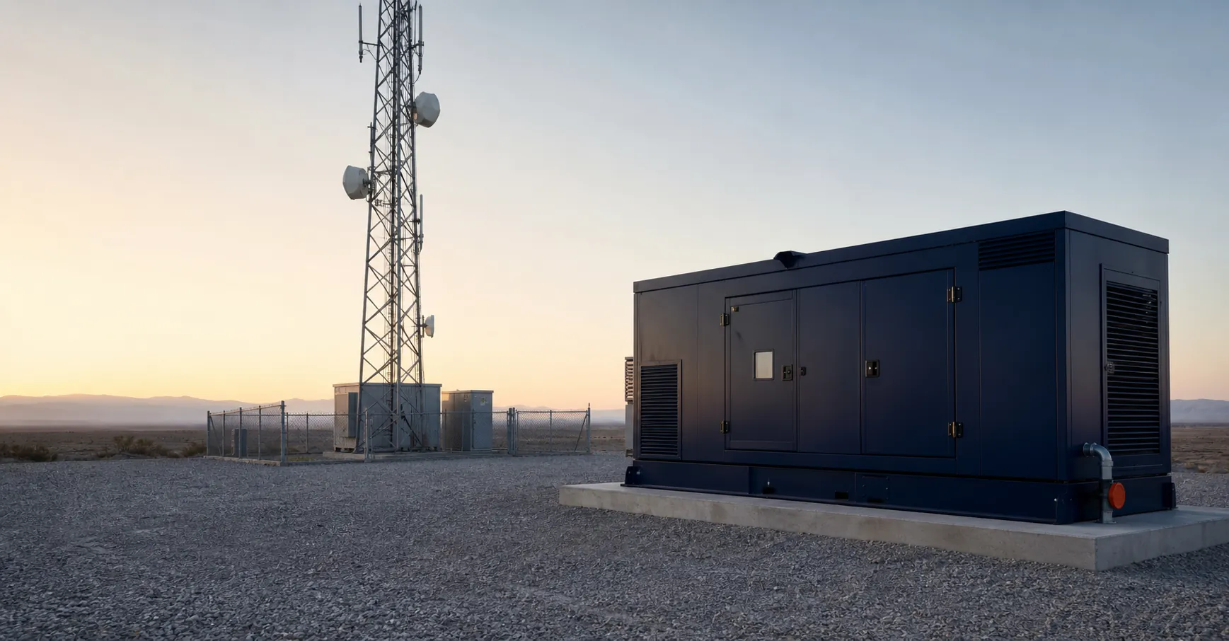 White sound-attenuated generator enclosure in a factory hall